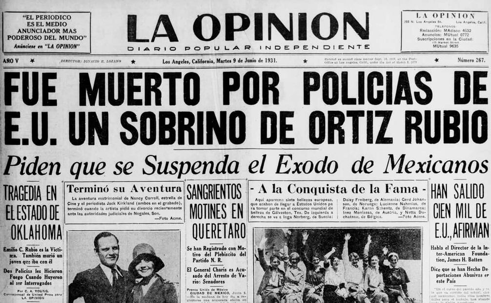 La Opinión, 9 junio 1931, con la nota sobre los asesinatos en Ardmore y también al "exodo" contra mexicanos. Los padres de Emilio Cortés Rubio se enteraron de la muerte de su hijo hasta que su cuerpo llegó a Morelia; la madre de Manuel García Gómez colapsó al enterarse y entró en coma. Foto: La Opinión/Library of Congress/ESPECIAL.