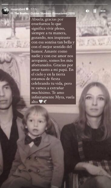 Nina Rubín despide a su abuela con mensaje de amor y foto de su papá con su madre cuando él era niño.