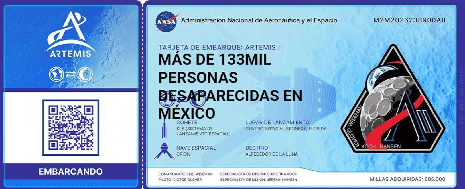 Tarjeta de embarque de las más de 130 mil personas desaparecidas en México de 1962 a 2026. Foto: Facebook @FUNDENL