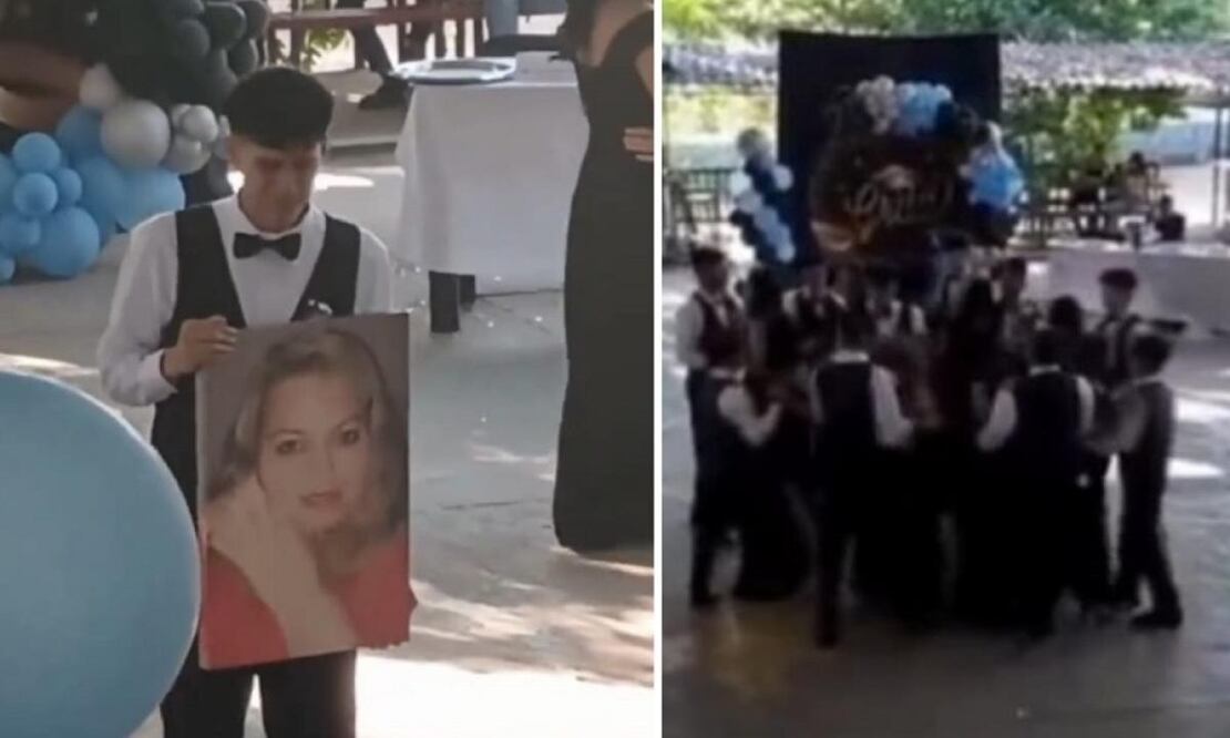 Un joven cuya madre murió decidió que ella lo acompañaría a su graduación, aunque fuera solo con su retrato. FOTO: CAPTURA