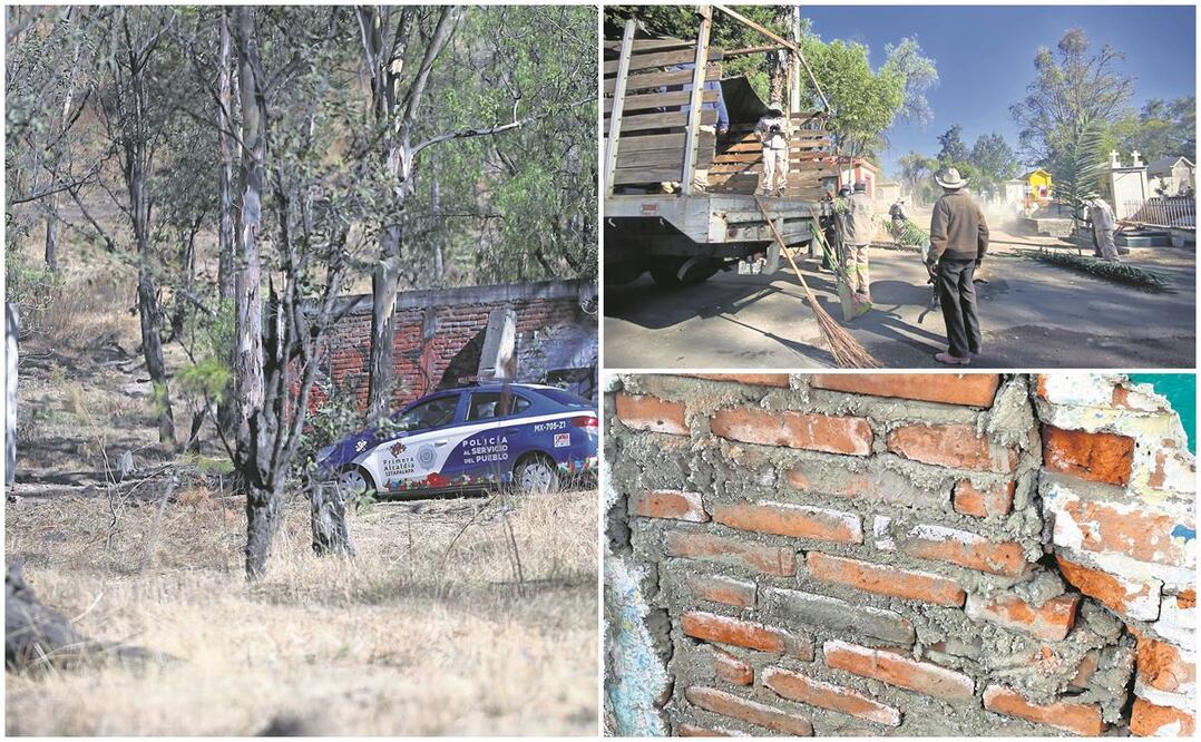 En la parte alta del panteón de San Nicolás Tolentino, una patrulla de la Policía Auxiliar de la alcaldía de Iztapalapa vigila dos bardas. Fotos: Berenice Fregoso/ EL UNIVERSAL.