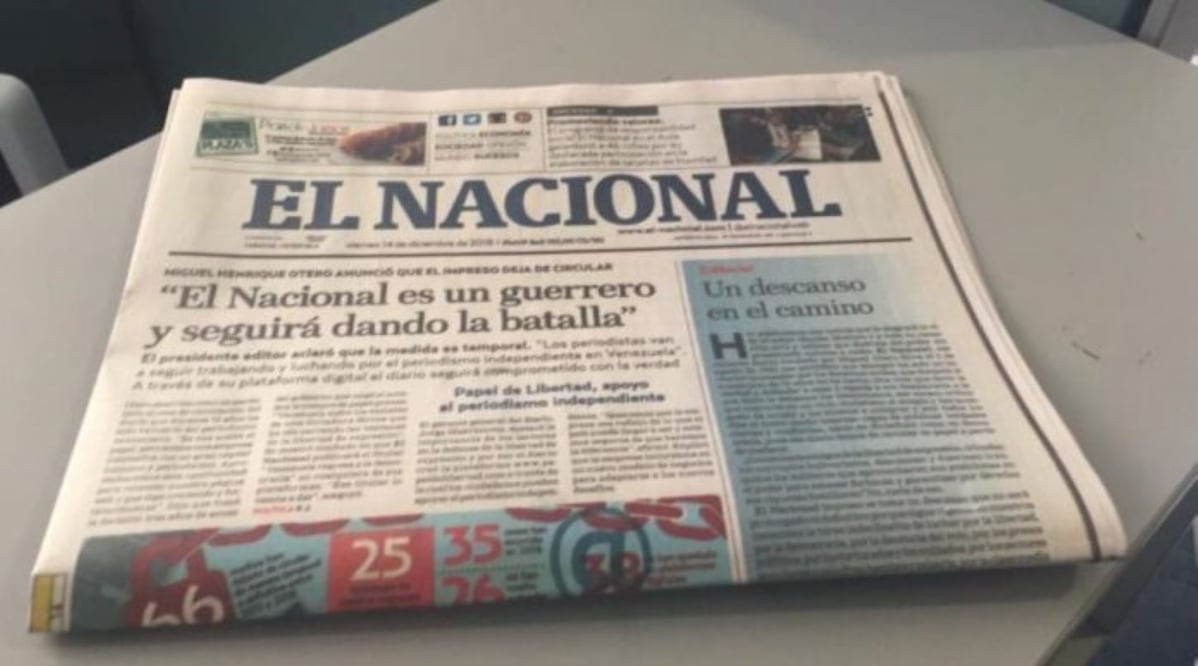 La última edición impresa del periódico venezolano El Nacional, el 14 de diciembre de 2018. FOTO: EL NACIONAL/GDA