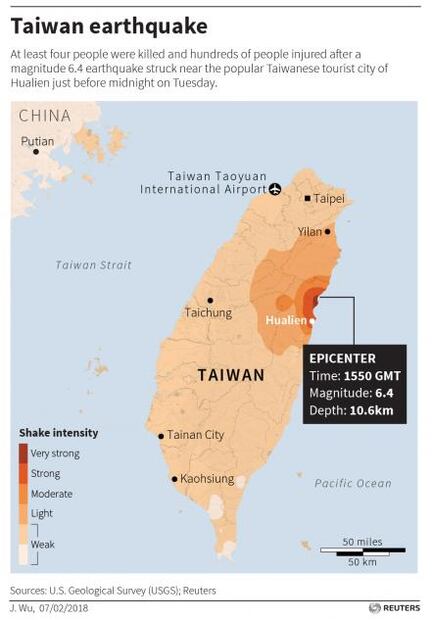 Suman 7 muertos y 67 desaparecidos por sismo en Taiwán