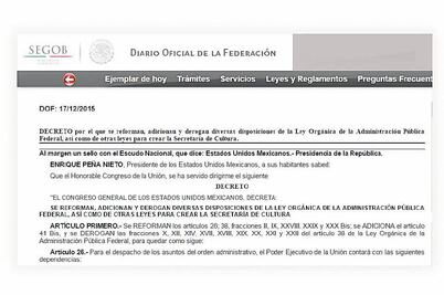 Secretaría de Cultura, en el 'Diario Oficial de la Federación' 