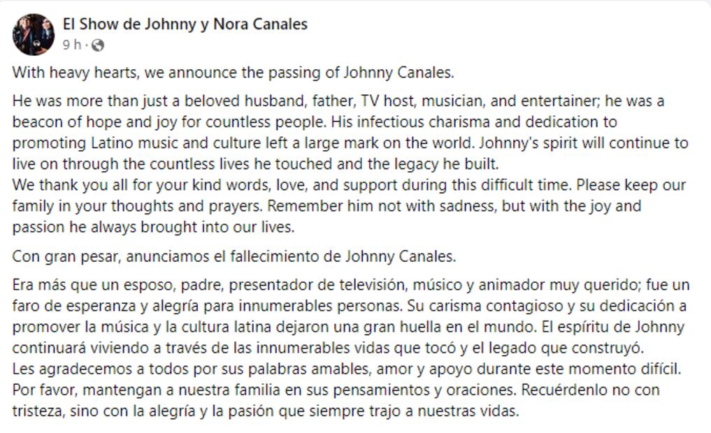 Publicación Johnny Canales. Foto: Captura de pantalla