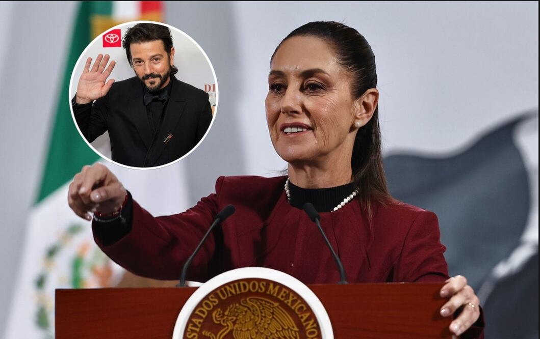 La presidenta Claudia Sheinbaum Pardo en la mañanera del 25 de junio de 2025 en la Ciudad de México y el actor Diego Luna. Fotos: Berenice Fregoso / EL UNIVERSAL y Craig T Fruchtman - Getty Images.