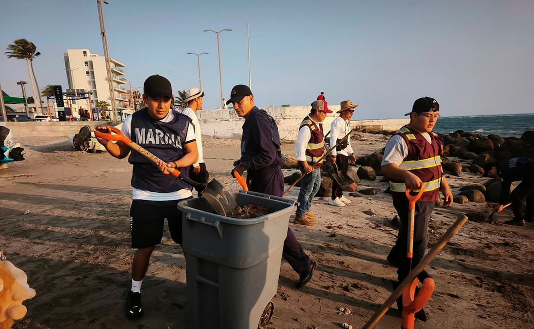Trabajadores limpiando una playa de Coatzacoalcos en el estado de Veracruz. Foto: EFE.