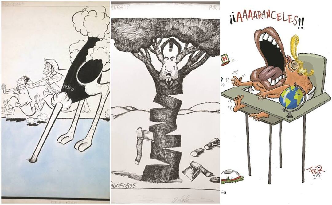 Tres cartones sobre los braceros, Nixon y Trump, creados por Antonio Arias Bernal, Helioflores y Elfer , que son reflejo de cómo los caricaturistas han representado la relación con Estados Unidos. Fotos/ARCHIVO EL UNIVERSAL