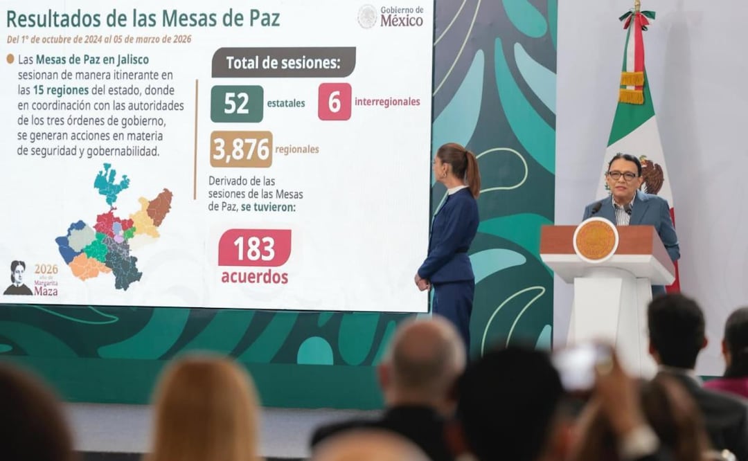 Rosa Icela Rodríguez, secretaría de Gobernación (Segob) durante conferencia de prensa de la presidenta Claudia Sheinbaum desde Jalisco (06/03/2026). Foto: Presidencia