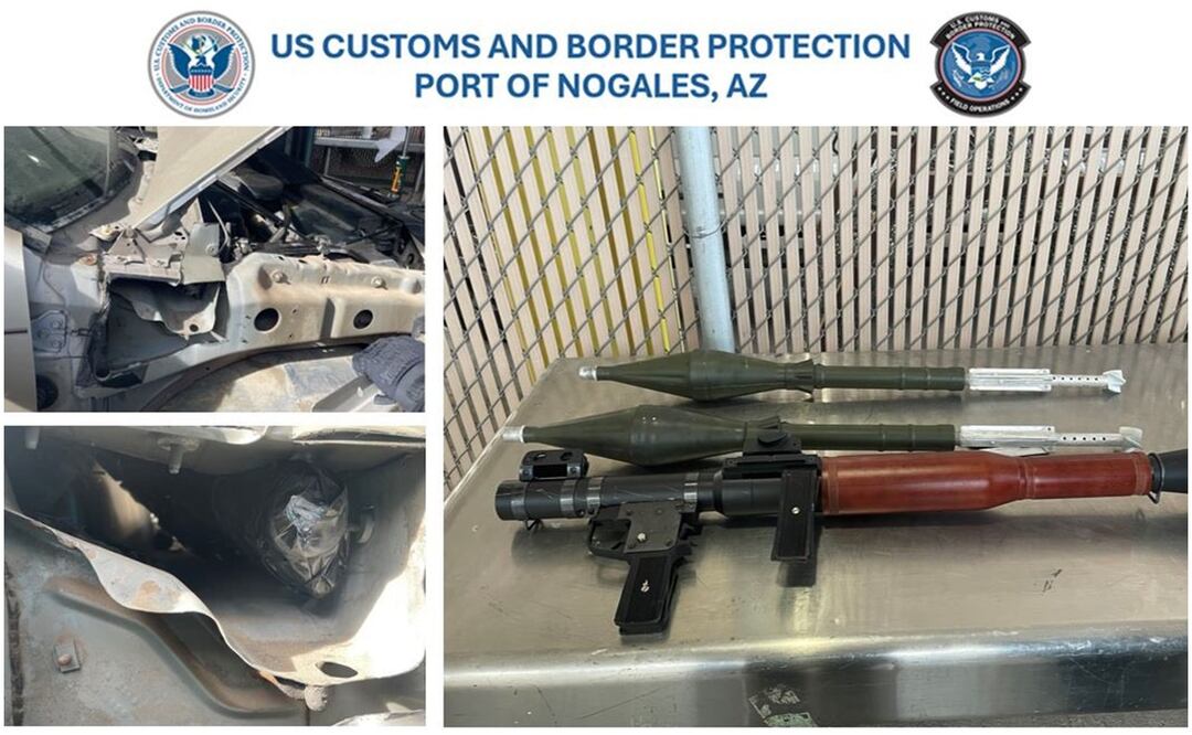 El lanzacohetes y las dos granadas propulsadas por cohetes estaban escondidos en un automóvil que se dirigía a México (7/01/2025). Foto: X (@CBPPortDirNOG)