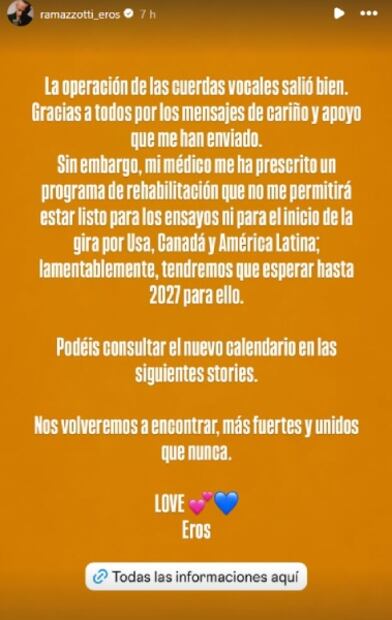 El cantante tomo la decisión por recomendación de sus doctores. Foto: Instagram.