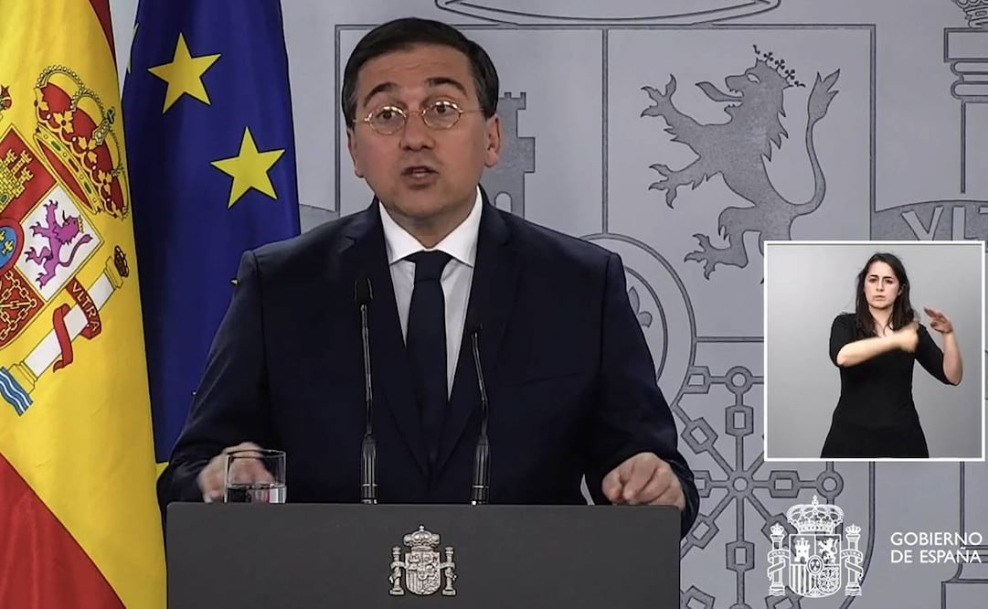 Declaración institucional del ministro de Asuntos Exteriores, Unión Europea y Cooperación, José Manuel Albares, en la que ha anunciado que España ha llamado a consultas a su embajadora en Buenos Aires tras las palabras pronunciadas este domingo en Madrid por el presidente de Argentina, Javier Milei. Foto:EFE