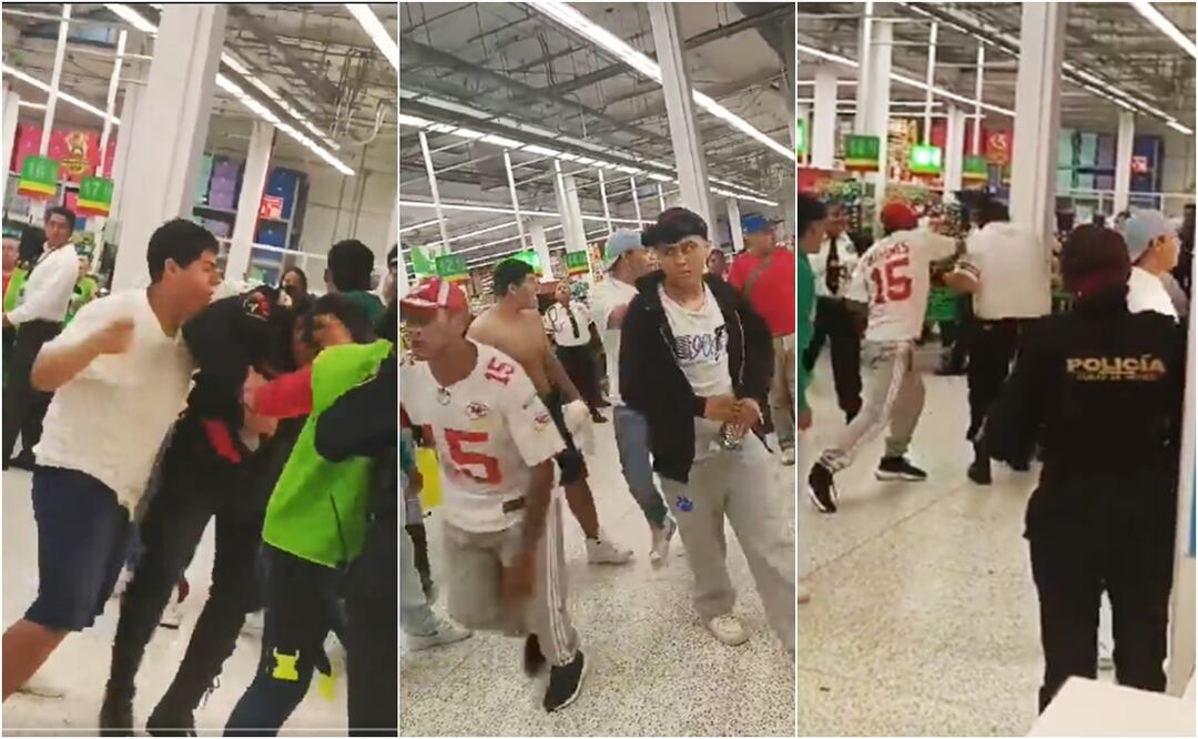 Presuntos farderos golpean a policías en tienda comercial. Foto: Especial