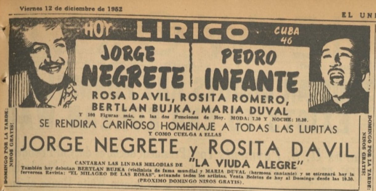 En diciembre de 1952, Jorge Negrete y pedro Infante le cantaron a La Virgen de Guadalupe en el Teatro Lírico, a unos pasos del Zócalo de la Ciudad de México.
Hemeroteca EL UNIVERSAL.