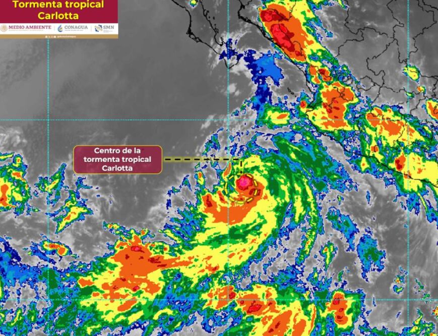 La tormenta tropical Carlotta se mantiene al suroeste de las costas del Occidente del país. (Imagen: Conagua)