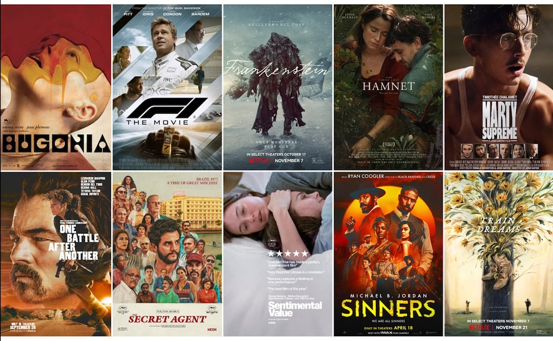 Las 10 cintas nominadas a Mejor Películas en los Oscar 2026.  Fila superior de izquierda a derecha: "Bugonia", "F1 The Movie", "Frankenstein", "Hamnet", "Marty Supreme". Fila inferior de izquierda a derecha: "One Battle After Another", "The Secret Agent", "Sentimental Value", "Sinners" y "Train Dreams".
Foto: Focus Features/Warner Bros. Pictures/Netflix/Focus Features/A24/Warner Bros. Pictures/Neon/Neon/Warner Bros. Pictures/Netflix via AP.