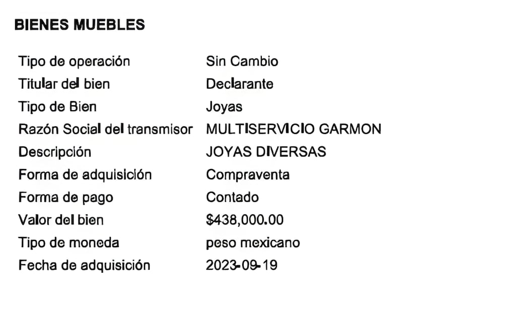 El funcionario declaró una colección de joyas diversas. Todas adquiridas al contado. | Captura de su declaración patrimonial