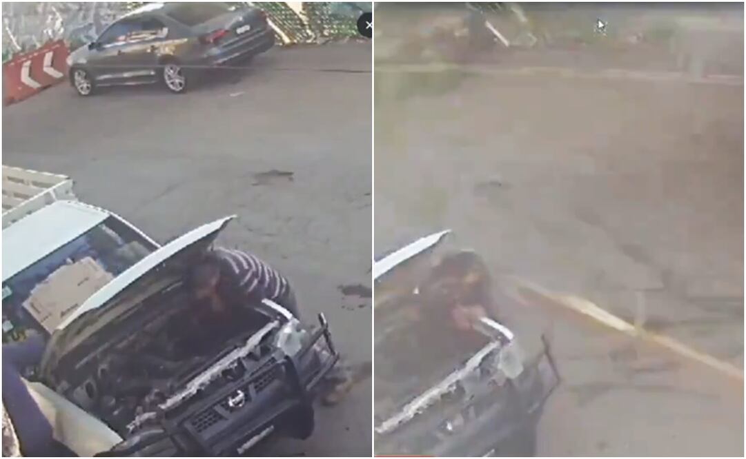 Dos hombres que se encontraban arreglando una camioneta cuando fueron sorprendidos por el estruendo que ocasionó la caída de una dovela. Foto: Captura de pantalla