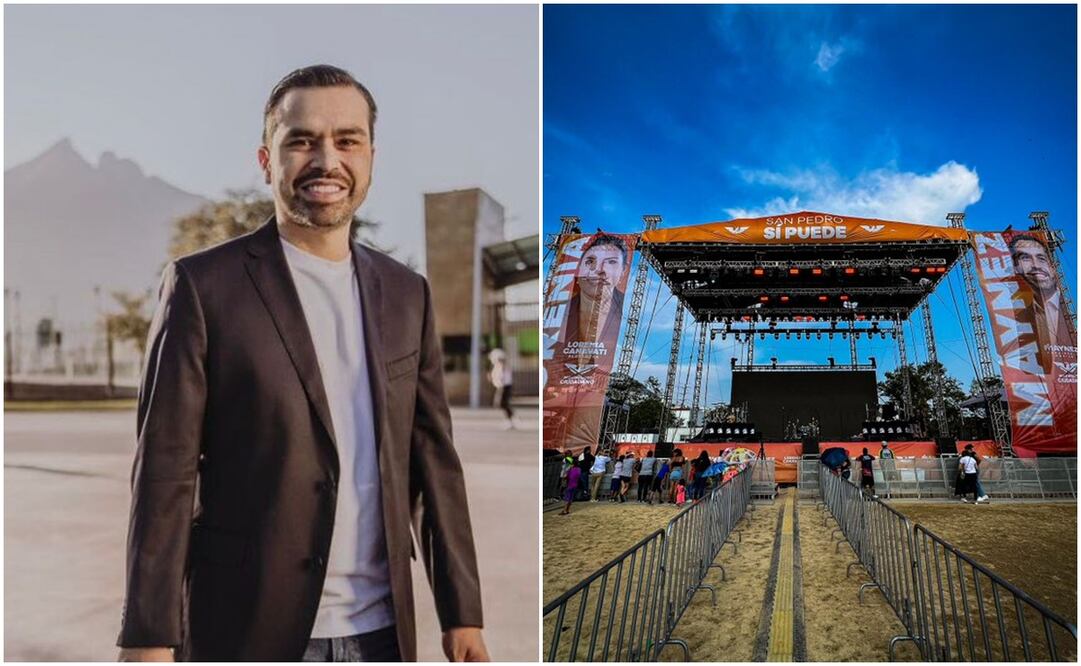 En un evento de campaña del partido Movimiento Ciudadano en Nuevo León, cayó un templete que se encontraba detrás del candidato Jorge Álvarez Máynez. Fotos: Redes sociales