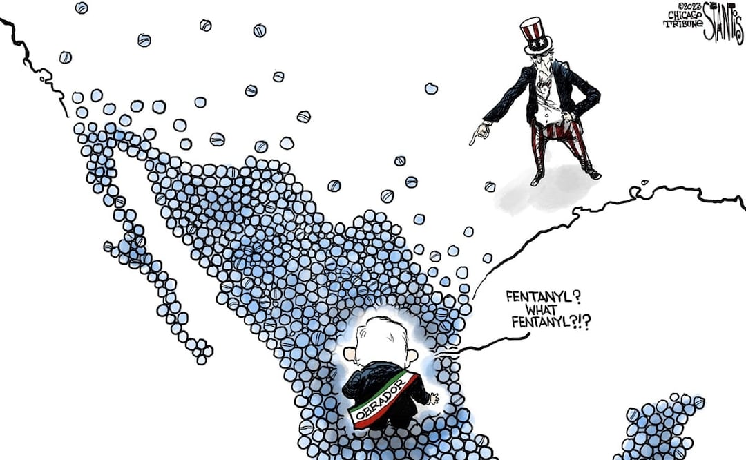 López Obrador, sobre un mapa de México inundado de pastillas de fentanilo mientras él se pregunta: “¿Fentanilo? ¿Cuál fentanilo?. Foto: Chicago Tribune