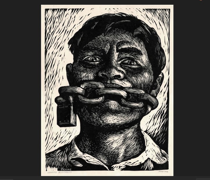 Libertad de expresión es uno de los grabados más emblemáticos de Adolfo Mexiac: La imagen se volvió un ícono de la gráfica política en México y de las luchas por la libertad de expresión, especialmente vinculada al trabajo del Taller de Gráfica Popular. Crédito: Cortesía