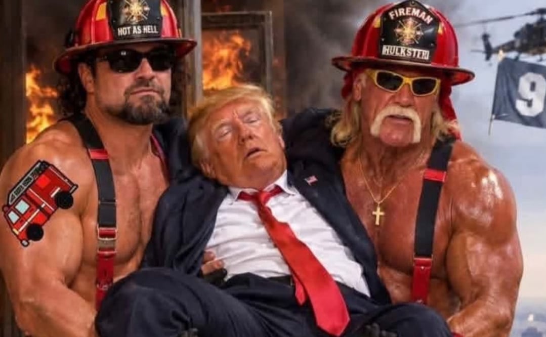 Donald Trump, presidente de Estados Unidos, aseguró que dos bomberos los sacaron de la Zona Cero en el 11S e internautas han hecho memes con IA. FOTO: @Shark5881715566