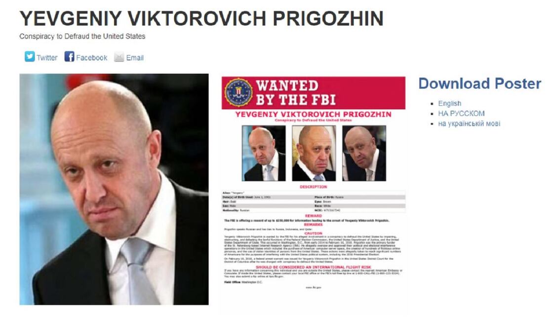 Ficha del FBI sobre Yevgueny Prigozhin. FOTO: CAPTURA DE LA PÁGINA DEL FBI