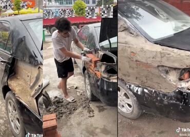 No es broma: repara el golpe a su auto con tabiques y mezcla