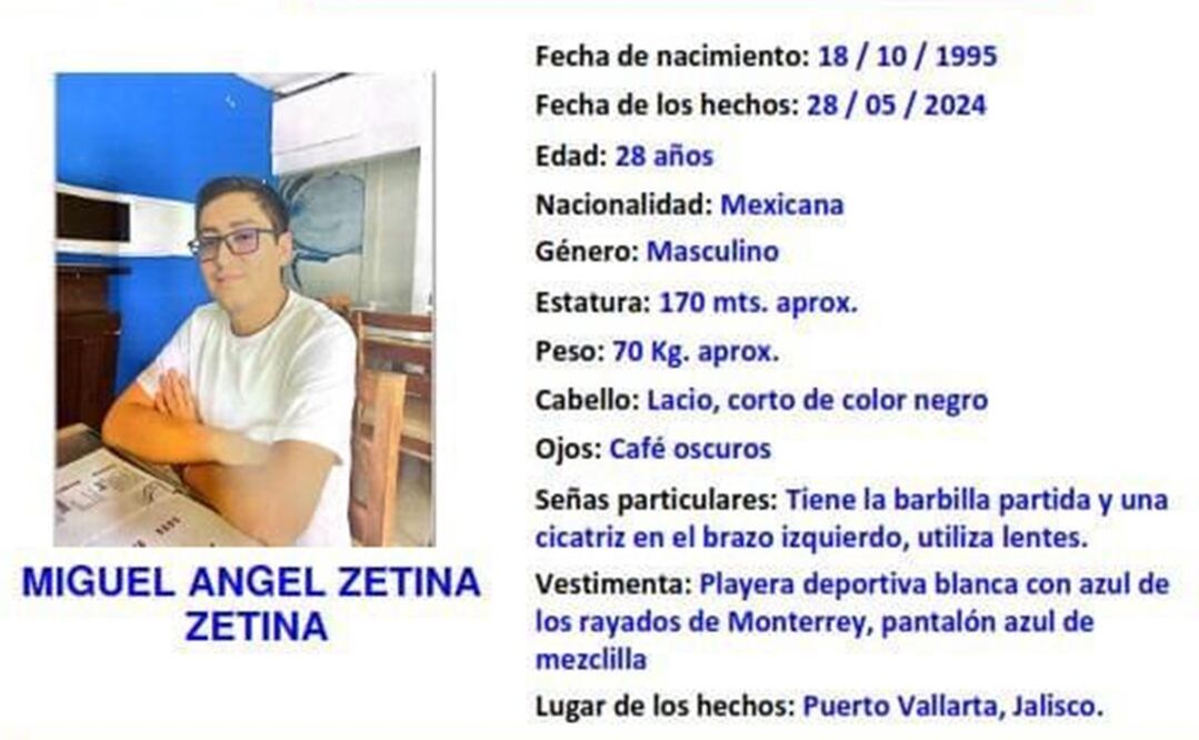 De acuerdo con la ficha de la FGE, Miguel Ángel Zetina desapareció el 28 de mayo en Puerto Vallarta, Jalisco, junto a Jaime Javier Castellanos Zacarías de 30 años, originario de Balancán. Foto: @oscar_canton