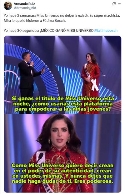 Memes de la victoria de Fátima Bosch en Miss Universo 2025. Foto: X