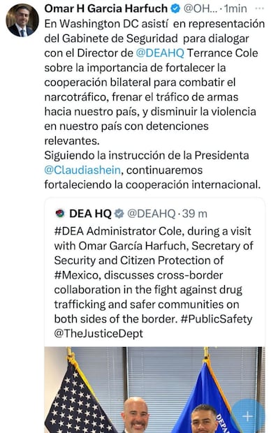 Post del secretario de Seguridad y Protección Ciudadana, Omar García Harfuch. Foto: Captura de pantalla de la cuenta de X de @OHarfuch