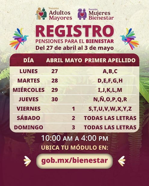 Calendario de registro de abril y mayo a las Pensiones Bienestar. Foto: Secretaría del Bienestar