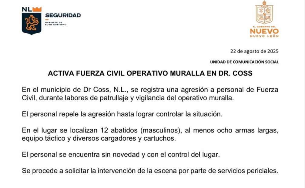 La Secretaría de Seguridad Pública de Nuevo León informó a través de un comunicado que los informados fueron atacados por los delincuentes durante un patrullaje correspondiente al Operativo Muralla. Foto: Especial.