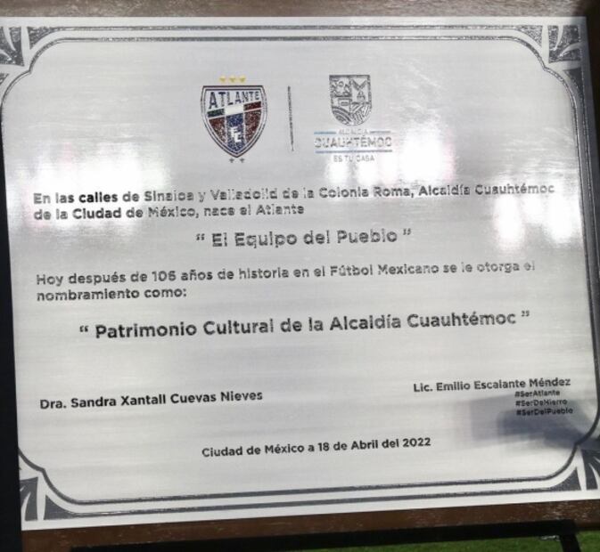 Sandra Cuevas declara Patrimonio Cultural de Cuauhtémoc al equipo Atlante 