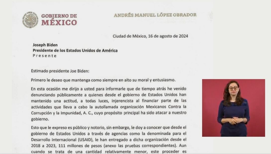 Carta de López Obrador a Joe Biden sobre financiamiento a Mexicanos contra la Corrupción y la Impunidad. Foto: Captura