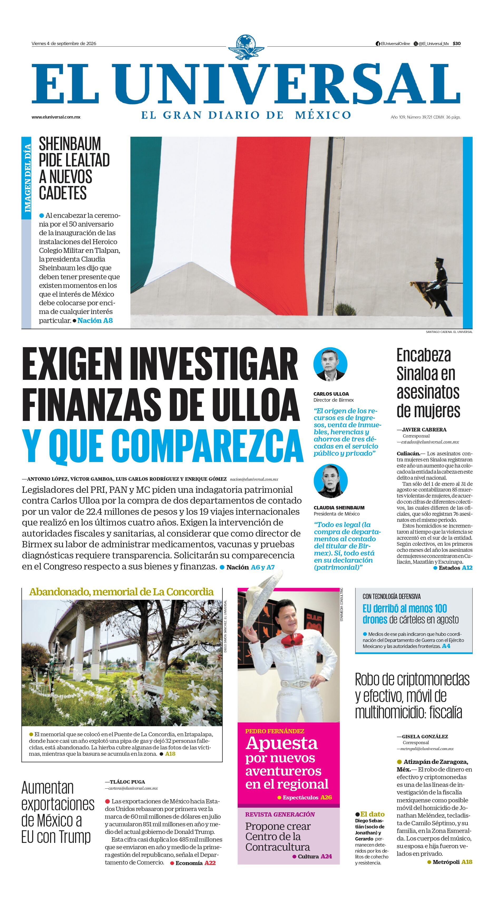 Portada impresa del 4 de septiembre del 2026
