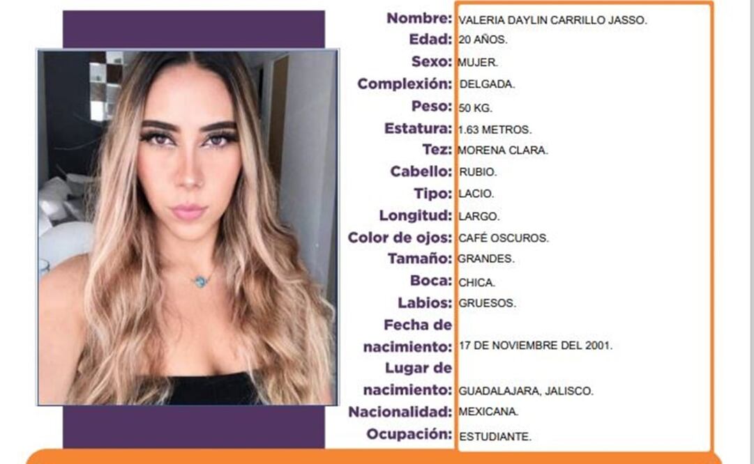 Alerta Alba para localizar a Valeria Daylin Carrillo Jasso, de 20 años de edad. Foto: Especial