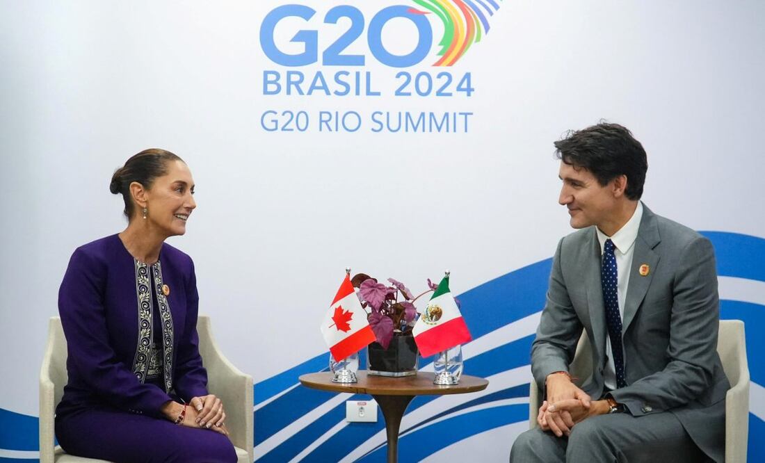 La presidenta de México, Claudia Sheinbaum, y el primer ministro de Canadá, Justin Trudeau, coincidieron este lunes en el buen resultado del tratado comercial que comparten con Estados Unidos, el T-MEC. Foto: EFE