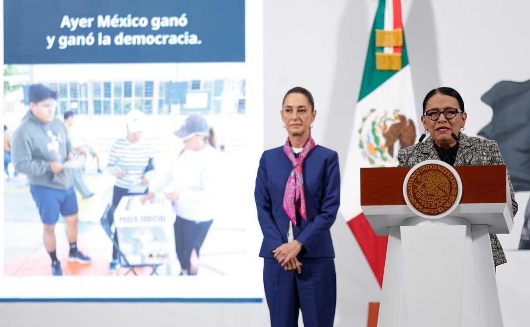 Rosa Icela Rodríguez, titular de Segob, durante la mañanera del 2 de junio del 2025 en Palacio Nacional. Foto: Diego Simón / EL UNIVERSAL