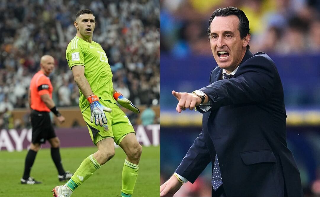 Emiliano Martínez festejando tras atajar un penalti y Unai Emery dando instrucciones - FOTO: Especial