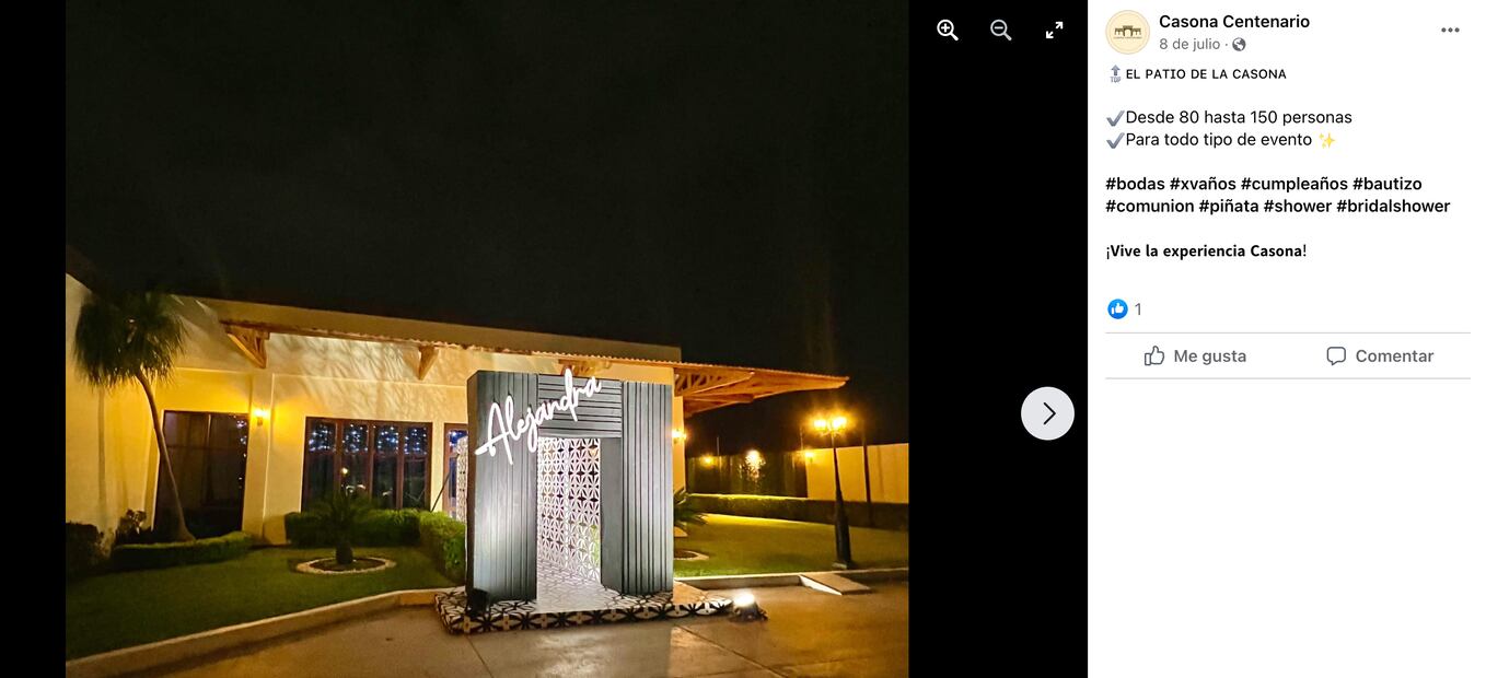 En Facebook el salón de eventos aclara que en su patio se organizan fiestas para 80 a 150 personas. / Foto: Facebook Casona Centenario, Culiacán, Sinaloa.