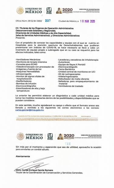 Apenas antier el IMSS preguntó a sus hospitales si tenían respiradores para Covid-19