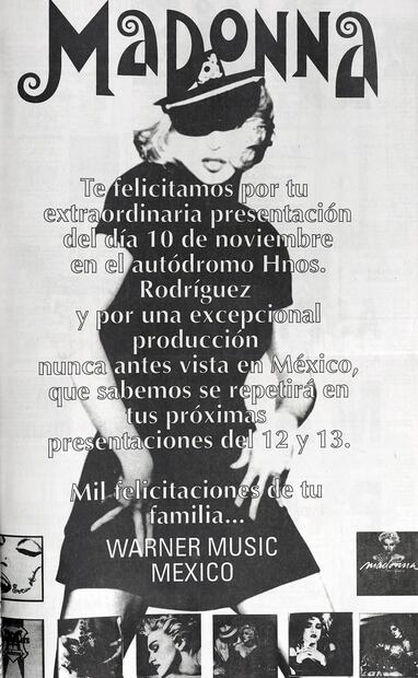 La empresa discográfica Warner Music emitió sus felicitaciones a la cantante estadounidense por su primera presentación en tierras aztecas. Con una “excepcional producción nunca antes vista en México”, la productora reconoció el valor artístico de Madonna. Foto: Hemeroteca EL UNIVERSAL.