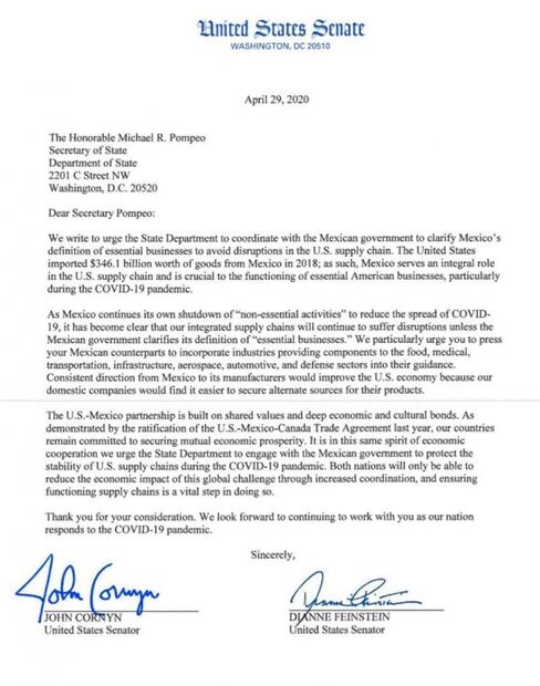 Senadores de EU piden a Pompeo presionar a México por “negocios esenciales” 