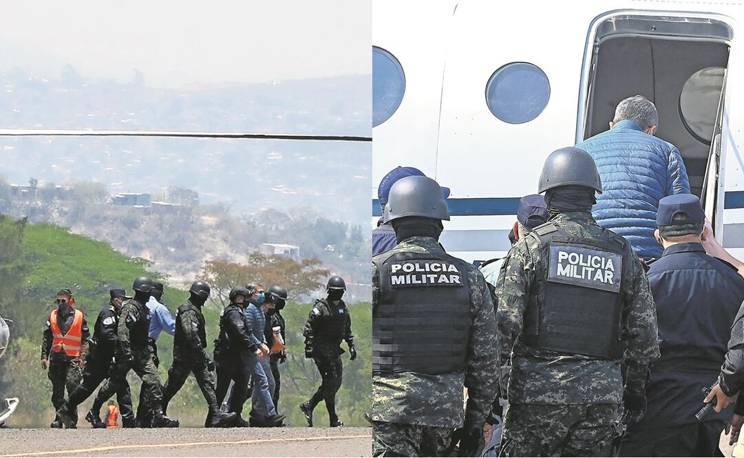 El expresidente hondureño, Juan Orlando Hernández, de chamarra azul, llega a la base de la Fuerza Aérea en Tegucigalpa, de donde fue extraditado a Estados Unidos. Foto: ELMER MARTÍNEZ/ AP
