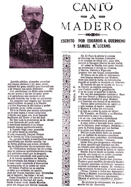 Corrido “Canto a Madero”, en las hojas coloradas de Eduardo Guerrero; su reimpresión estaba prohibida. Foto: Corridos Históricos/ESPECIAL.