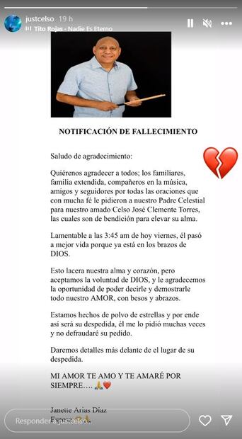 Hijo del músico Celso Clemente anuncia la muerte de su padre.
