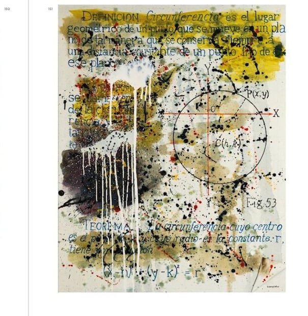 Pieza Abstractos con teoremas de álgebra (1979). Acrílico sobre tela con regla de madera. 83 x 103 cm. Crédito: Del libro Fernando Sampietro. Un verdadero duchampiano que se hacía llamar Marcelo del Campo.