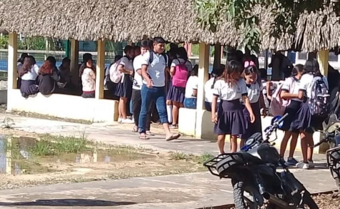 Estudiantes de comunidades mayas toman clases en palapas debido a las inundaciones que han dejado las fuertes lluvias en el estado (03/10/2024). Foto: Especiales