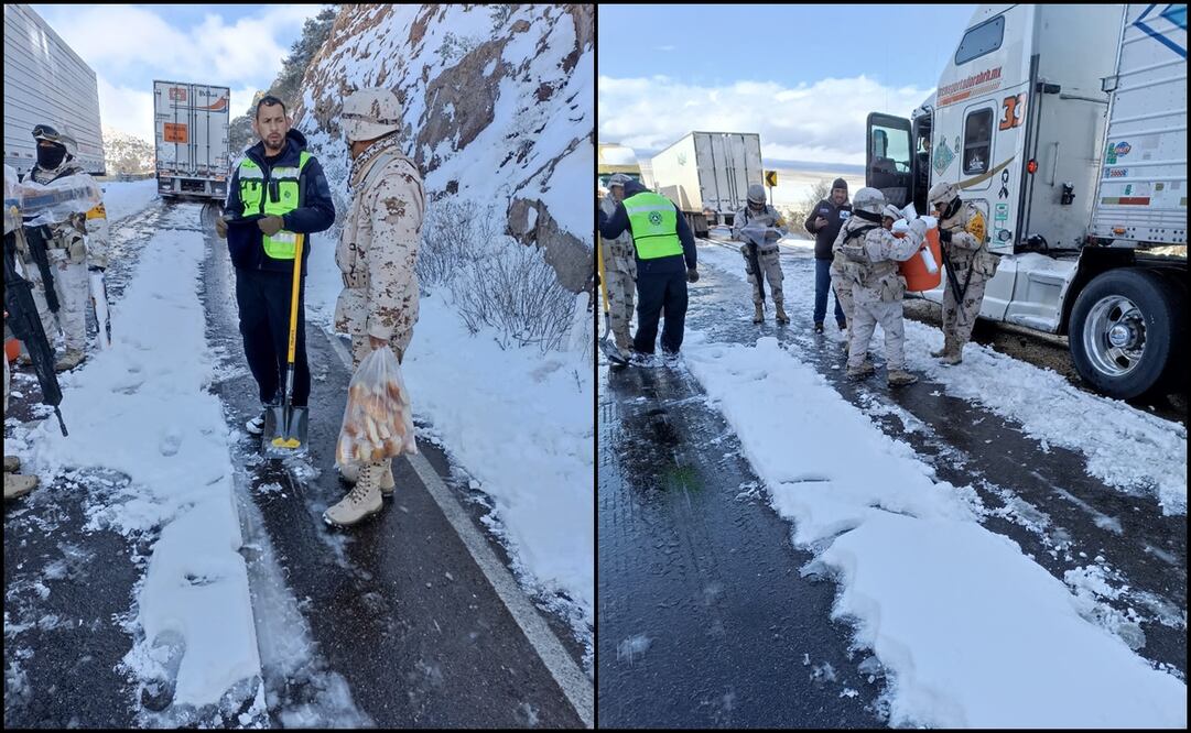 Viajeros varados en la frontera entre Sonora y Chihuahua reciben alimentos y bebidas calientes de parte de autoridades de los tres niveles de gobierno. Fotos: Protección Civil Sonora